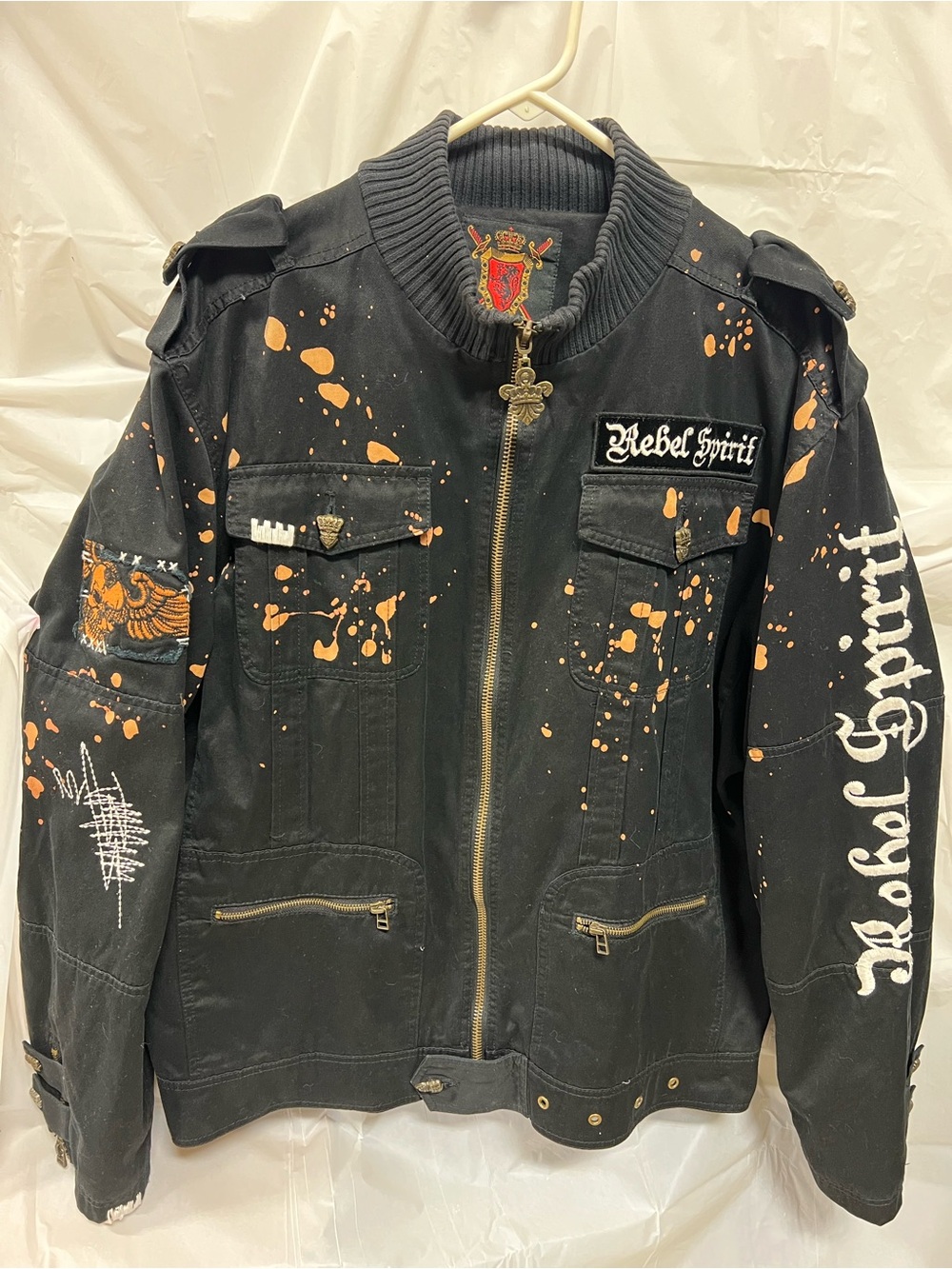 Rebel Spirit Black Military-Style Jacket with embroidered stitching patches